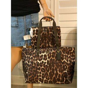 Coach Brown/Multi Exotic Leopard Print Large Travel Weekender Tote +Cosmetic Bag